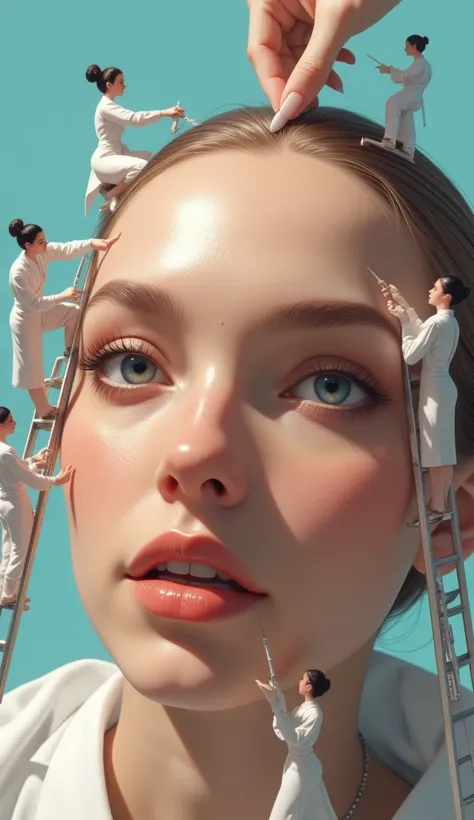 a surreal and hyper-realistic digital artwork depicting a woman's face being meticulously worked on by tiny miniature beauticians. The beauticians are dressed in white uniforms, using ladders to rejuvenate the face, some doing facial cleansing, others givi...