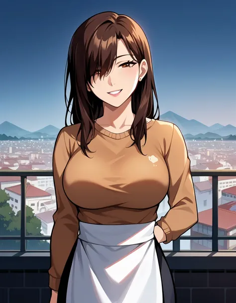 (masterpiece, best quality:1.2), 1girl, quaser-sama, mature female, large breasts, solo, brown hair, long hair, hair over one eye, long bangs, anime coloring, highly detailed, dark background, city, dark clouds, facing viewer, tsurime, brown eyes, half-clo...