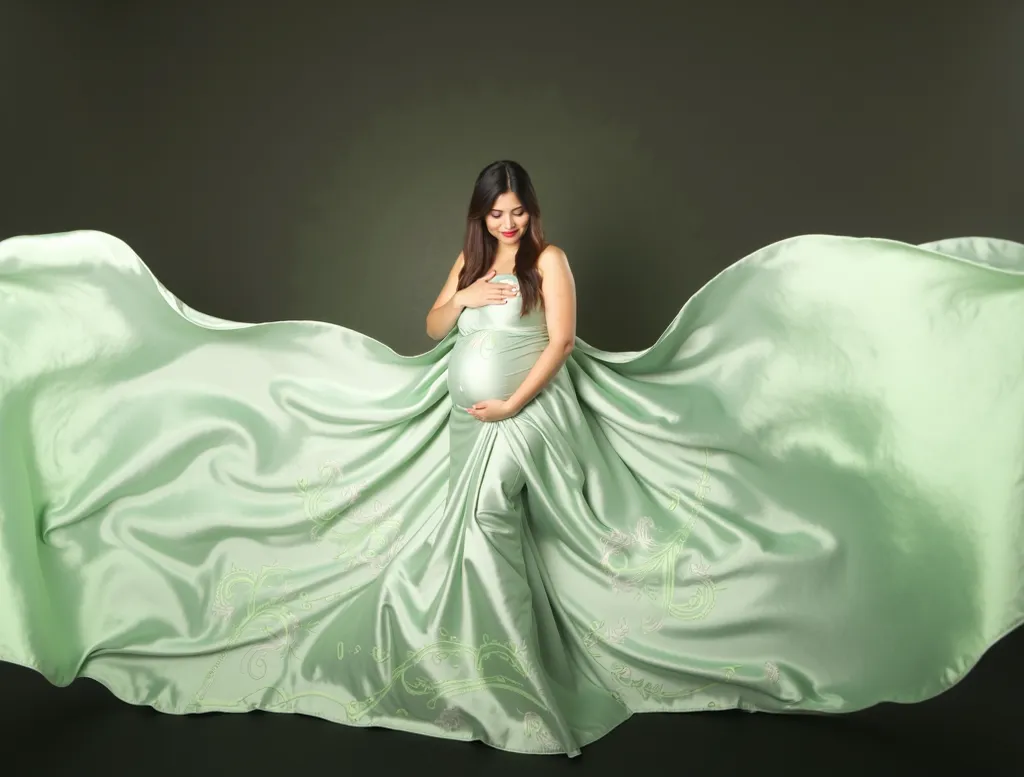 araffe woman in a green dress posing for a picture, a portrait by Basuki Abdullah, shutterstock contest winner, art photography, flowing gown, wearing long gown, pregnant belly, flowing fabric, maternal photography 4 k, spreading her wings, draped in flowi...