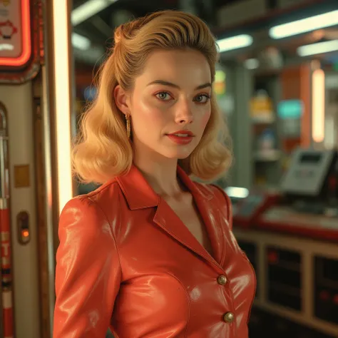 beautiful woman like margot robbie with long hair style 1950 style retro futurist