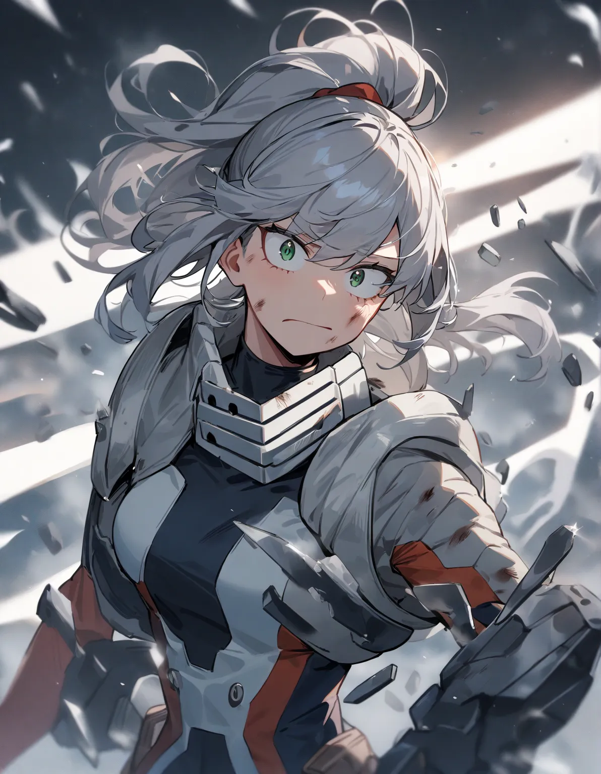 1girl, female focus, long grey hair,high ponytail, Green eyes, cold and aloof expression,boku no hero academia, injury,low gravity,, floating metal pieces,,masterpiece, best quality, very aesthetic, absurdres