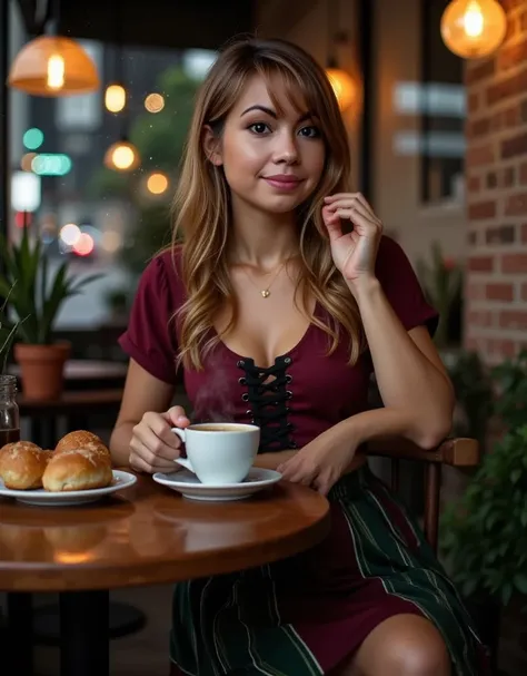 A candid yet refined photograph of a beautiful woman with warm light-brown hair featuring subtle golden highlights. Her long, straight hair is slightly wavy at the ends, falling freely over her shoulders. She has soft facial features, including expressive ...