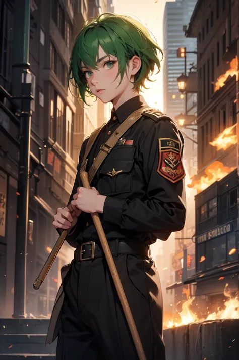 age boy with short green hair. wearing military outfit. holding shovel. fiery city background.