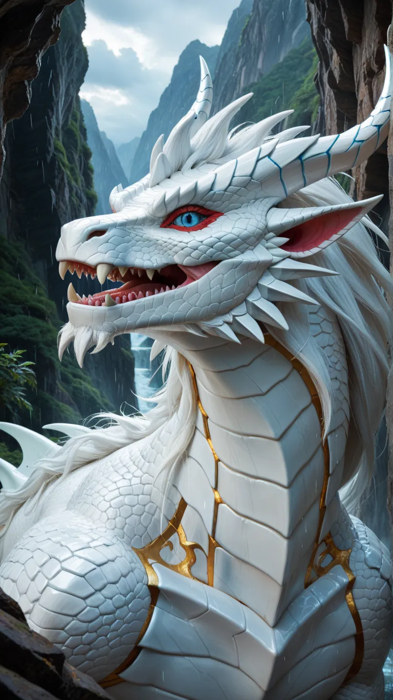 A close-up of a dragon with a very large tail., Blue eyes, white dragon, Colossal dragon as background, legendary dragon, wyvern, Colossal dragon in the background, white dragon, white scaled dragon, epic dragon, storm dragon, hyper detailed!!!