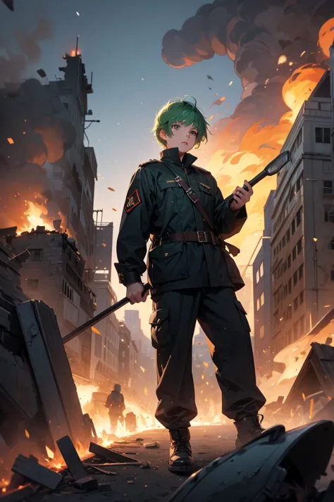 age boy with short green hair. wearing military outfit. holding shovel. destroyed fiery city background.