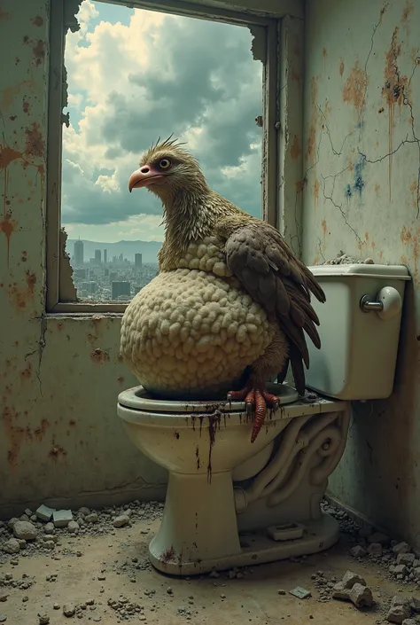 I want you to create a picture of a fat bird shitting in a broken toilet while the world is ending