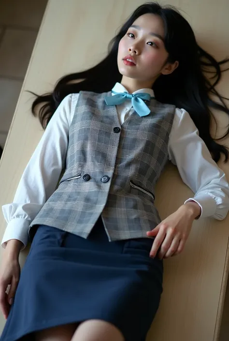 A super beautiful Japanese woman. She is lying on a table on her back, her head arms and legs drop off from the table edg. Her head tilts backwards, gazing somewhere, opens mouth a little, no emotion. She is wearing a neatly tailored gray checkered vest wi...