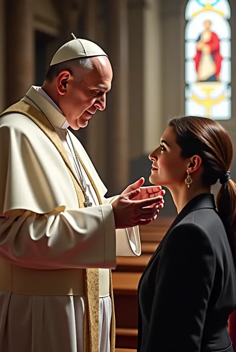 Pope Francis is standing in church and with a container with ashes in his hands with the ashes he draws a cross on a woman's forehead 