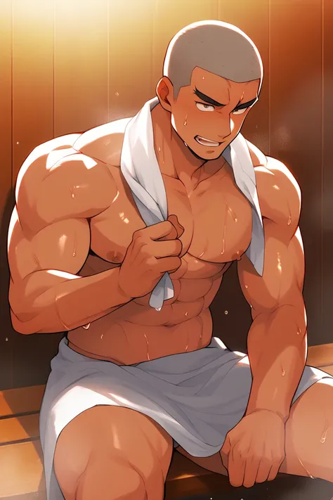 A man with a shaved head sitting cross-legged in a sauna, sweating profusely, completely naked with a towel over his crotch, with thick eyebrows and a sharp gaze, Japanese, with bulging muscles.