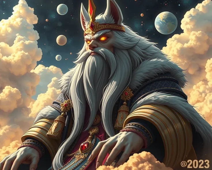 Side profile bust shot of A gigantic, extremely tall strong and very obese and old ethereal anime God King Werewolf with extremely long white hair and extremely long white beard and glowing Golden eyes, with incredibly long pointed Wolf ears, with very lon...