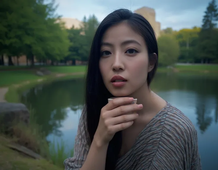 asian woman drinking coffee, stunning, beautiful, high resolution, high quality, realistic, dark blue hair, full body, looking straight into camera, sexy, ultra detailed, park with lake, evening