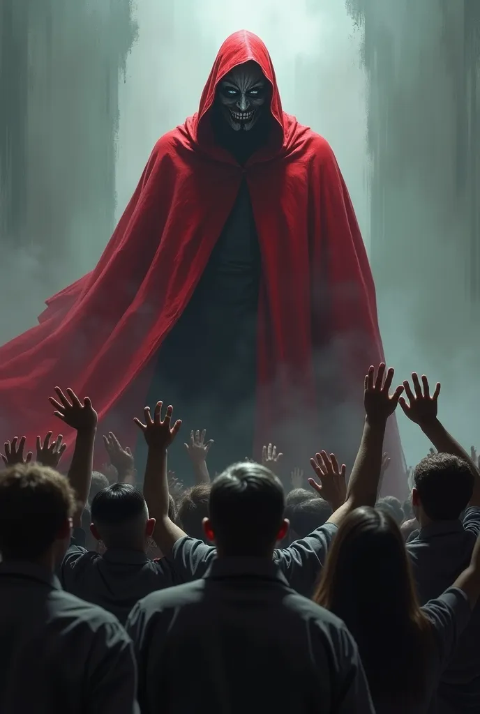 a terrifying masked figure with a red cape and behind it a lot of people with their hands in front