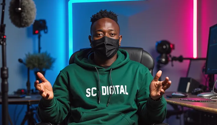 Un Africain assis avec confiance sur une
chaise de jeu moderne dans son studio YouTube. Il porte un sweat à capuche verte vif avec l'inscription SC DIGITAL imprimée dessus. Son visage est clairement visible et expressif malgré le port d'un élégant masque n...