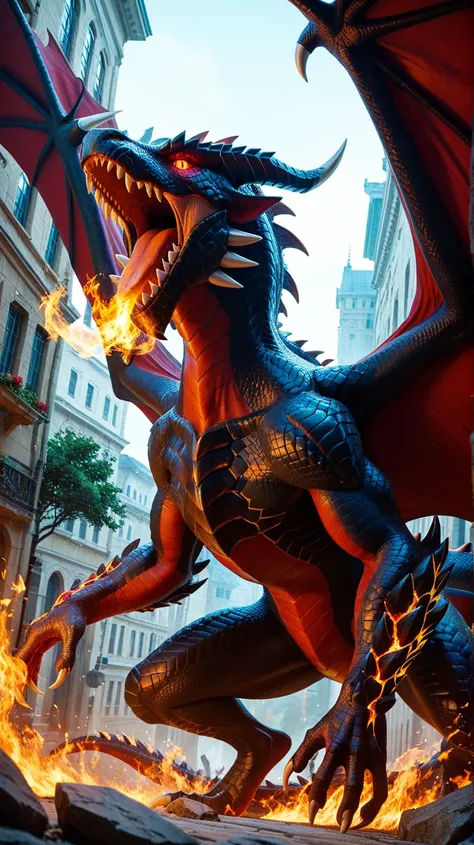 A dragon with a very large tail., red eyes, black dragon, Colossal dragon as background, legendary dragon, wyvern, Colossal dragon in the background, black dragon, white scaled dragon, epic dragon, fire dragon, hyper detailed!!!