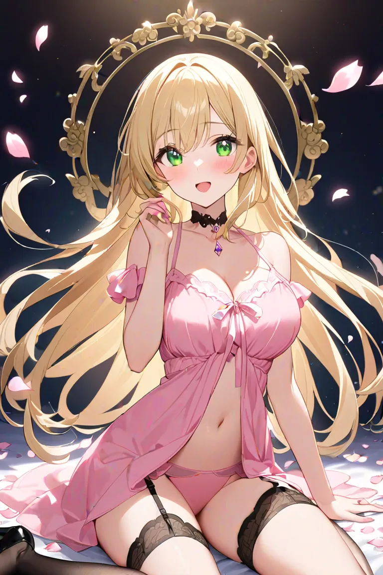 28 year old beautiful girl、long hair。
 characters are anime designs 。
Her hair is blonde.。
 eye color is green。
The figure is glamorous 。Big bust 。
has an ecstatic expression with estrus。
Wear a pink nightdress and garter belt and stockings。
petals are sca...