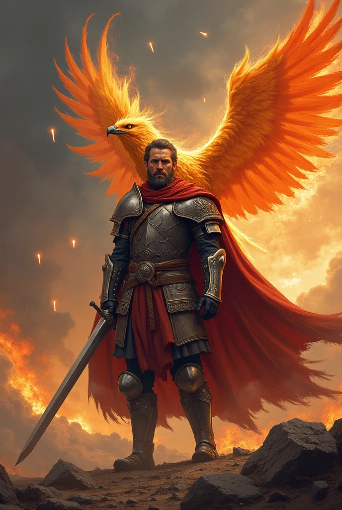 Medieval warrior holding sword in right hand and phoenix bird in left. In the background is the meteorite rain fire. 