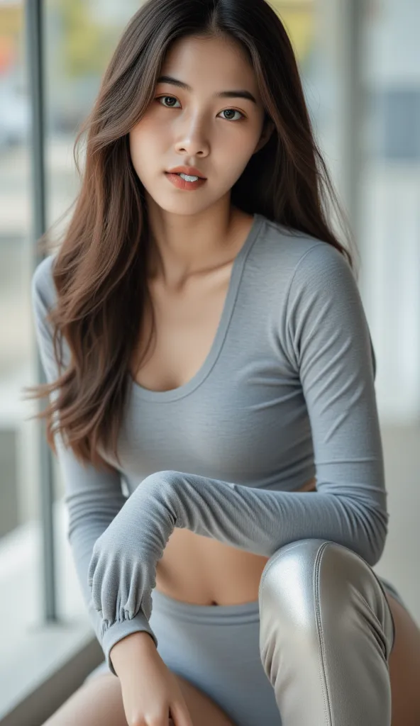 "An alluring Asian beauty with an irresistible street-chic edge, she wears a form-fitting gray long-sleeve top that hugs her curves, paired with a high-cut bodysuit that teases glimpses of her smooth, flawless skin. Her long, sculpted legs are accentuated ...