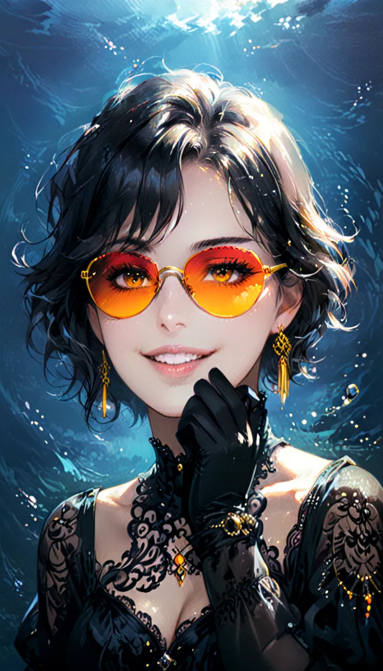 (in style of lvan Aivazovsky),1girl，short hair，Adjust your palm with your mouth，Silk gloves，Perfect smile，Rimless sunglasses，Smile，portrait，Neon Gothic