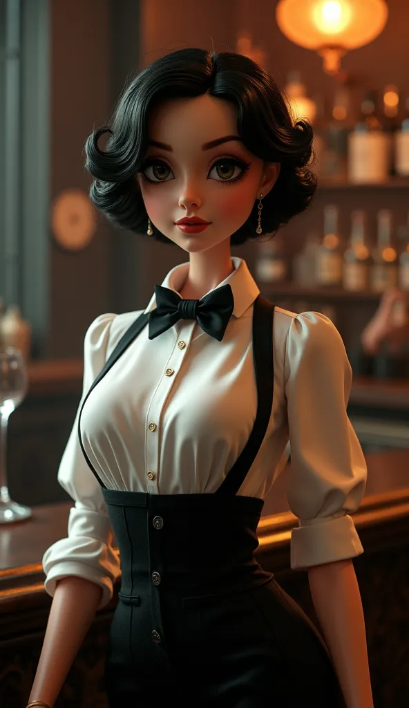 The character is a doll-like figure with short hair, wearing a short bartender outfit, featuring slightly large breasts and a curvy body.