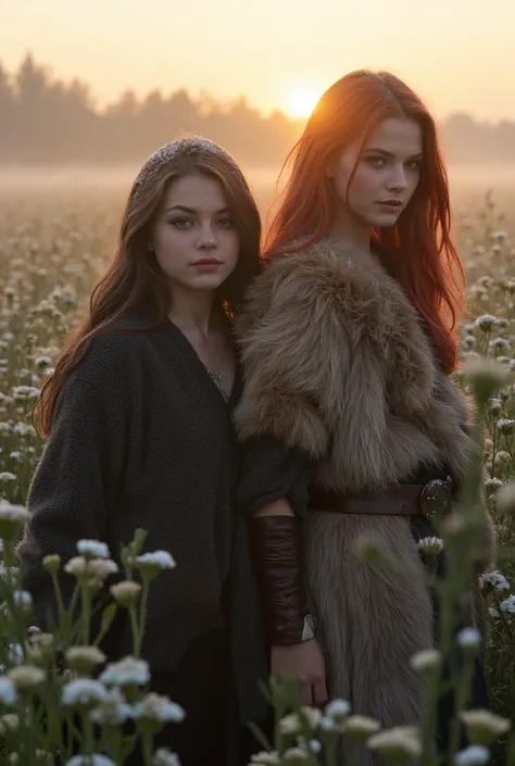 Sunrise, low mist, 2 Viking warrior girls,brunette and red hair,fur coat,snowing,facing viewer,medieval armour,Walking through field of flowers,heavy snow,Natalie dormer, Ethereal,Portrait,Closeup, portrait,girl posing,Closeup candid photo,Hailee steinfeld...