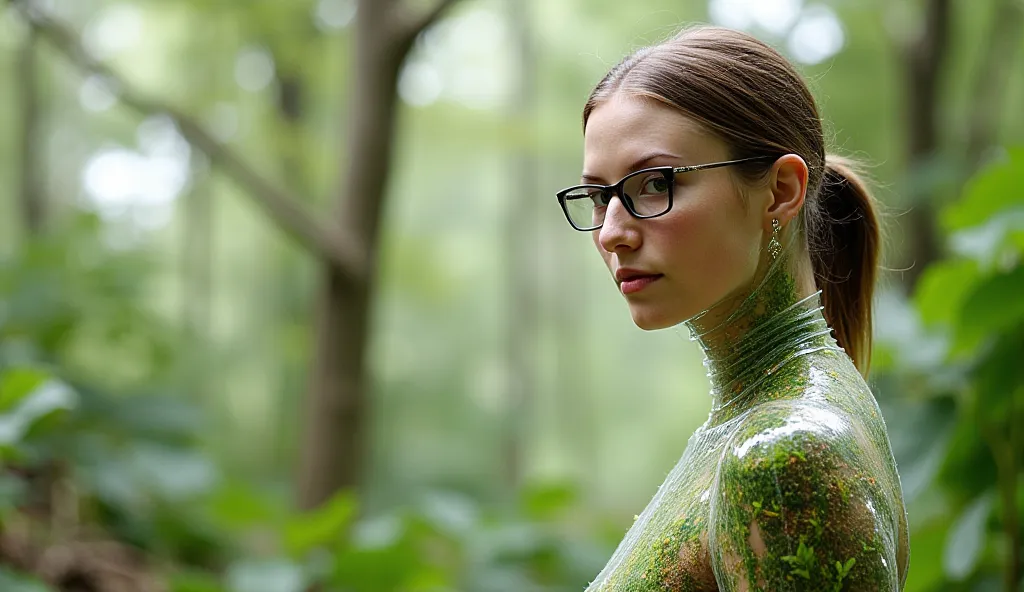  Le tableau représente un personnage féminin avec un corps transparent comme s'il était fait de verre, permettant d'apercevoir un environnement naturel verdoyant à l'intérieur.   Dans le corps , Il y a de l'her e, algues, et de petites fleurs qui poussent ...