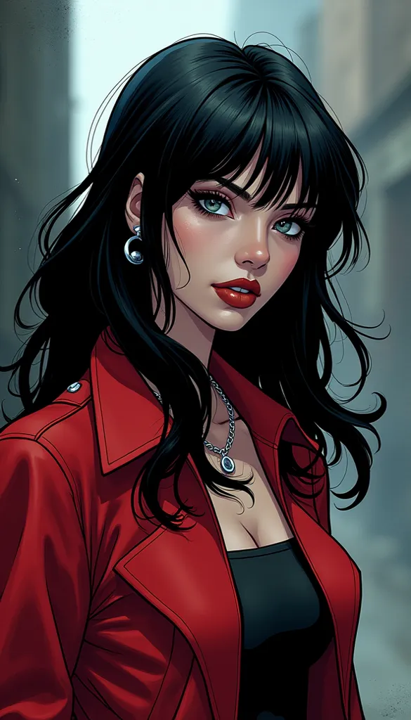 DC comic panel in the style of the Invivible series,generates a girl with very dark dark black hair,White-skinned with a red comic jacket