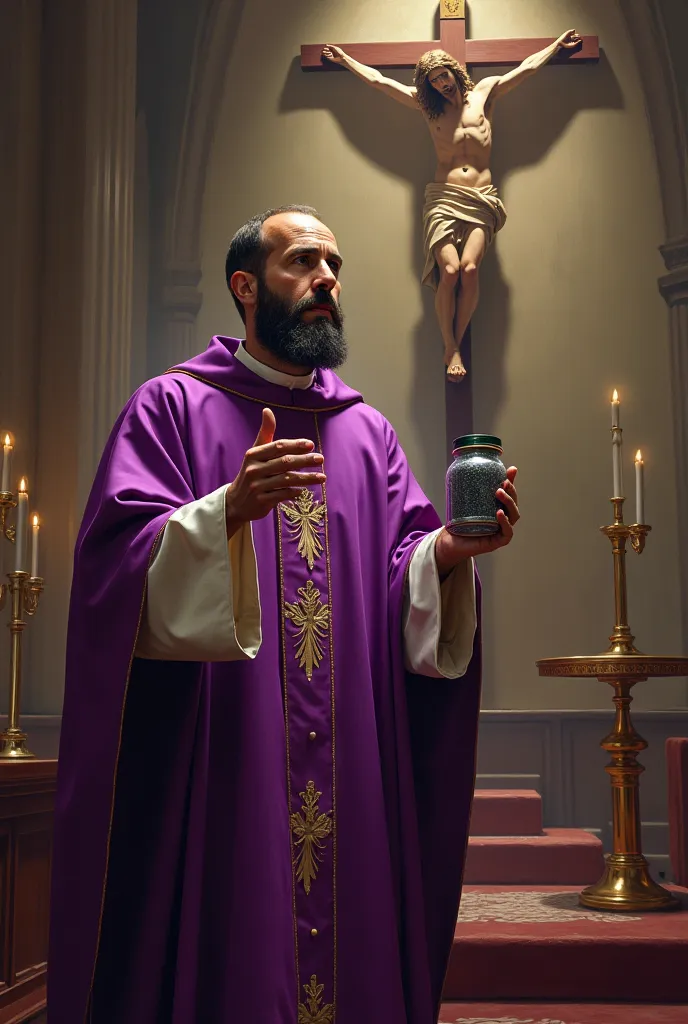 A priest with a purple chasuble, holding a jar of ash in one hand and with the fingers of the other hand soiled with ash, a large image of Jesus Crucified in the background, inside the church