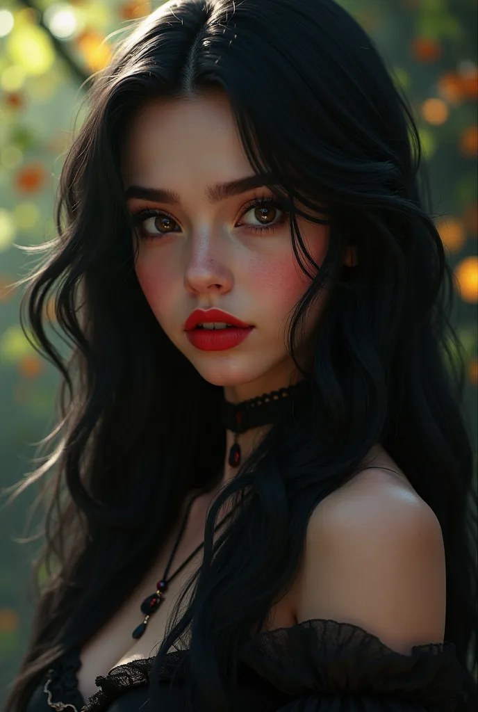 ((RAW photo),  absurd, (absurd resolution)), masterpiece, best quality, (Extremely detailed 8k unity CG wallpaper), (best illustration), (best shade), Realistic lighting, brillo detallado y hermoso, (( 21 years old)), chica, long black hair, black queen, a...