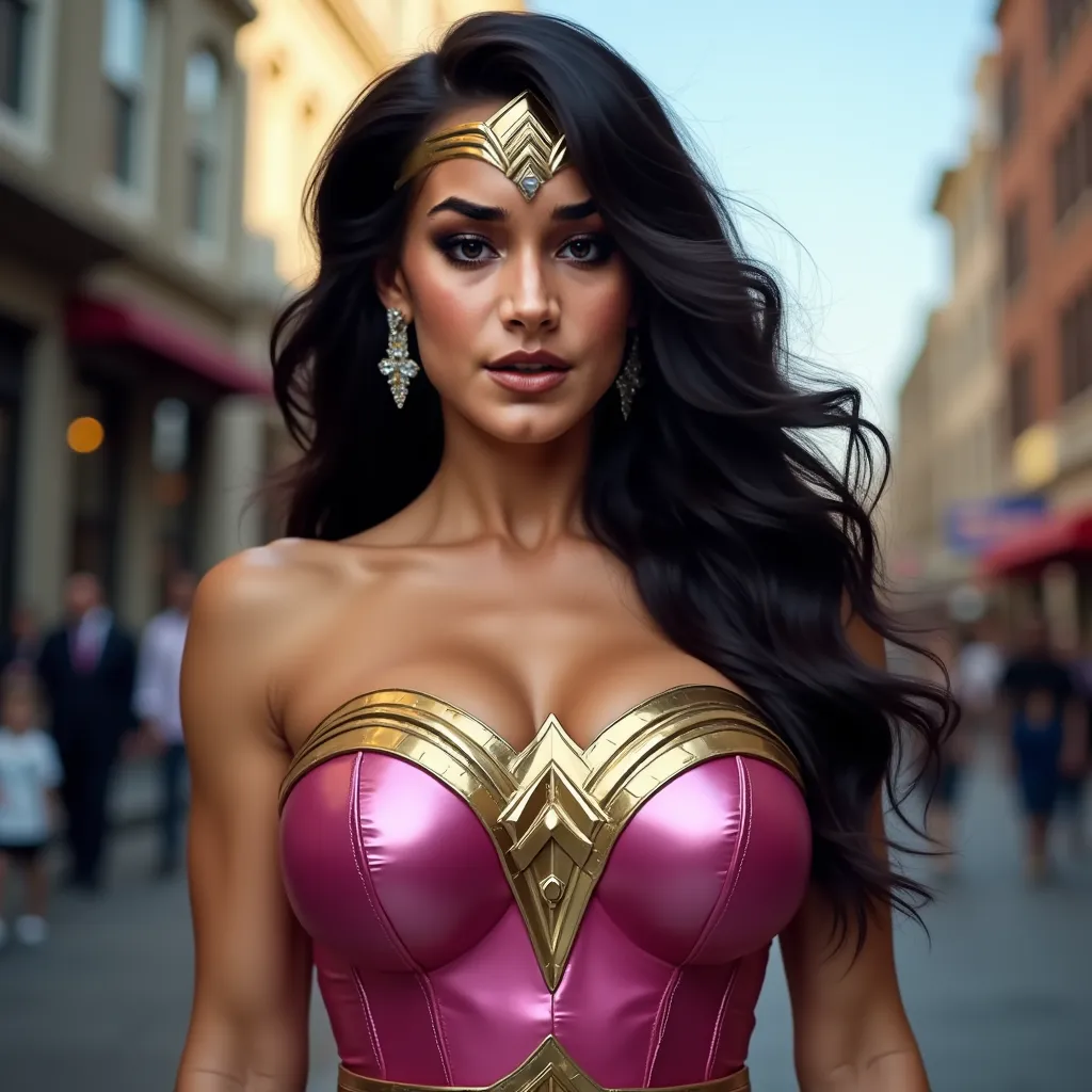  a close up . Beautiful female bodybuilder, (( big breast:4.0)), ((muscles:3.0)). make-up. (blue eyes). ((pink lips with shiny gloss )). (silver eye shadow). Long dark hair with volume . ((. He wears Wonder Woman's pink metallic strapless costume with gold...