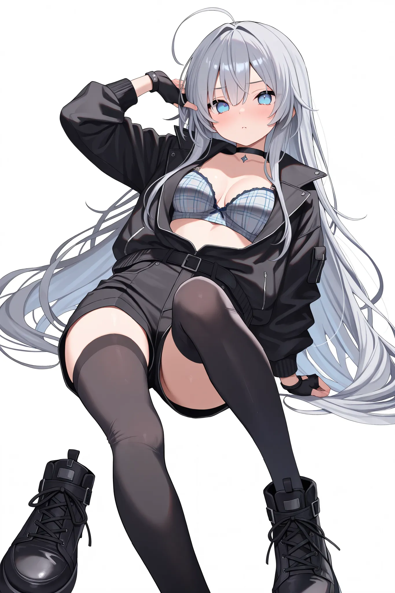 1girl, Ember_Amane, ahoge, grey hair, very long hair, black choker, blue eyes, plaid bra, fingerless gloves, black jacket, black shorts, black footwear, black thighhighs, masterpiece, best quality, amazing quality, very aesthetic, absurdres, volumetric lig...