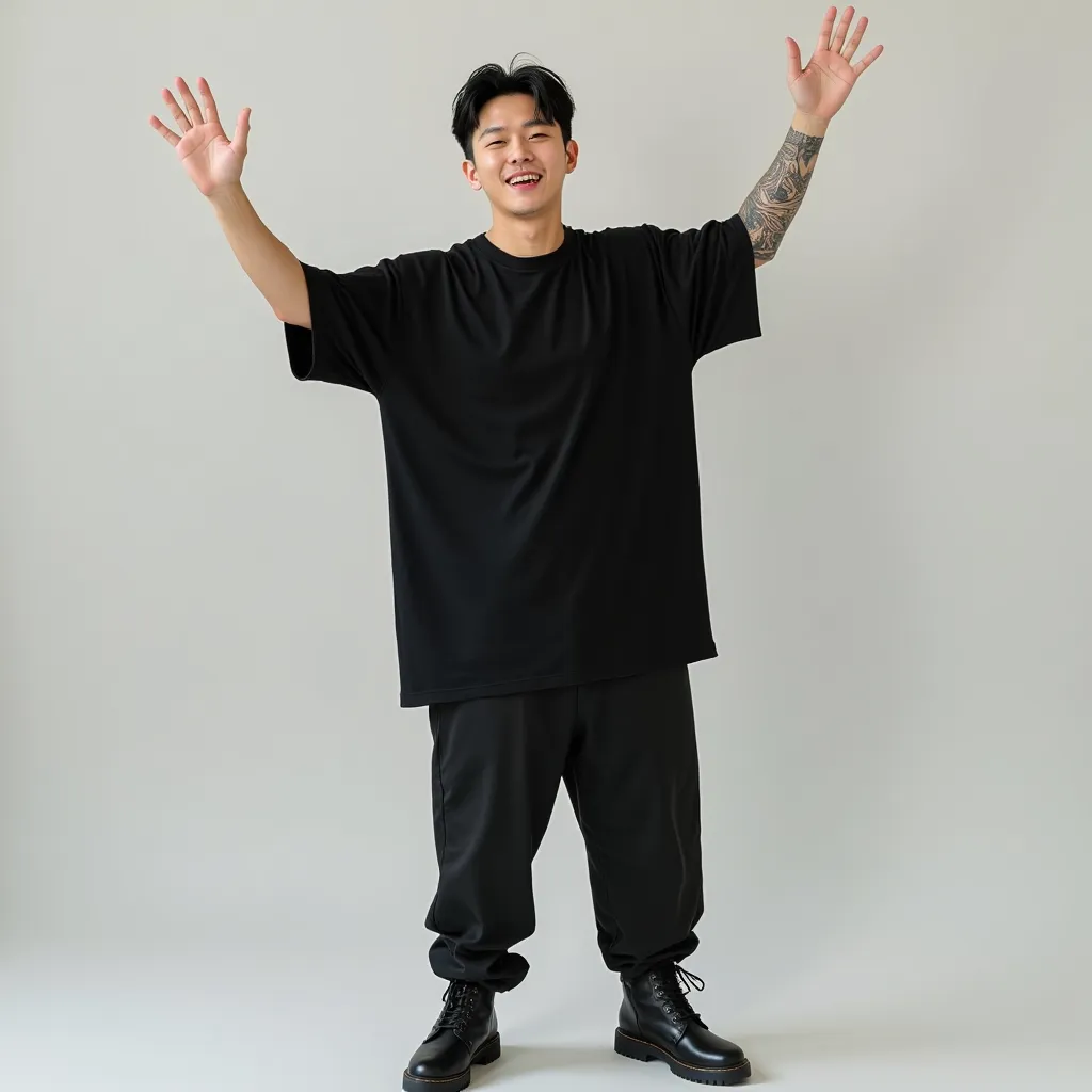 A Korean man standing facing the camera, posing elegantly with a broad smile. He wears an oversized black t-shirt (XXL size), giving a simple yet full-of-character impression. His hands are raised in a gesture of happiness, expressing joy and confidence. O...