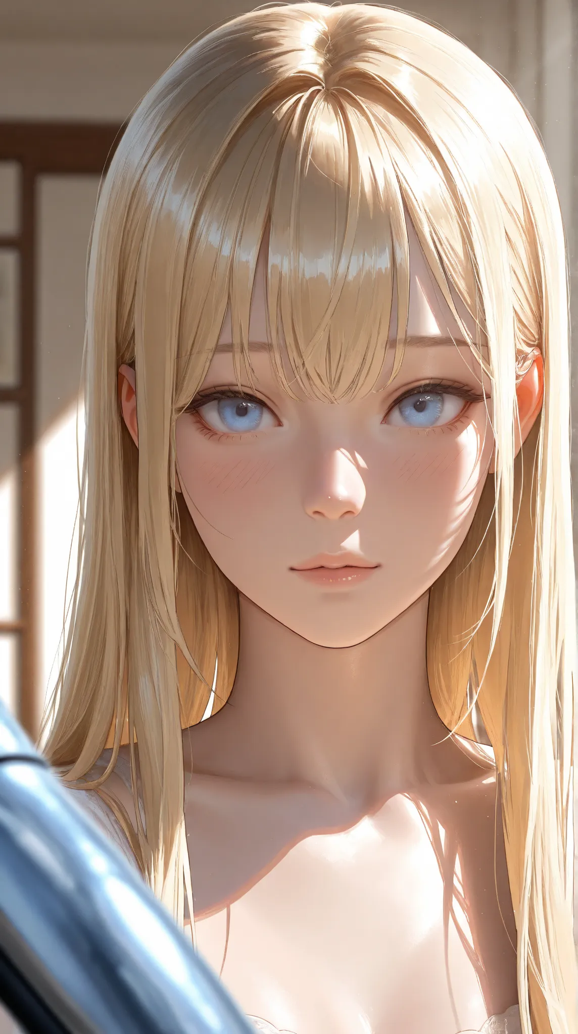 "hyperrealistic anime girl, complete body, ultra-detailed, blonde long straight hair, large expressive blue eyes, fair and flawless skin, soft facial features, realistic shadows and lighting, 8k UHD, ultra-photorealistic, soft light, natural expression, de...