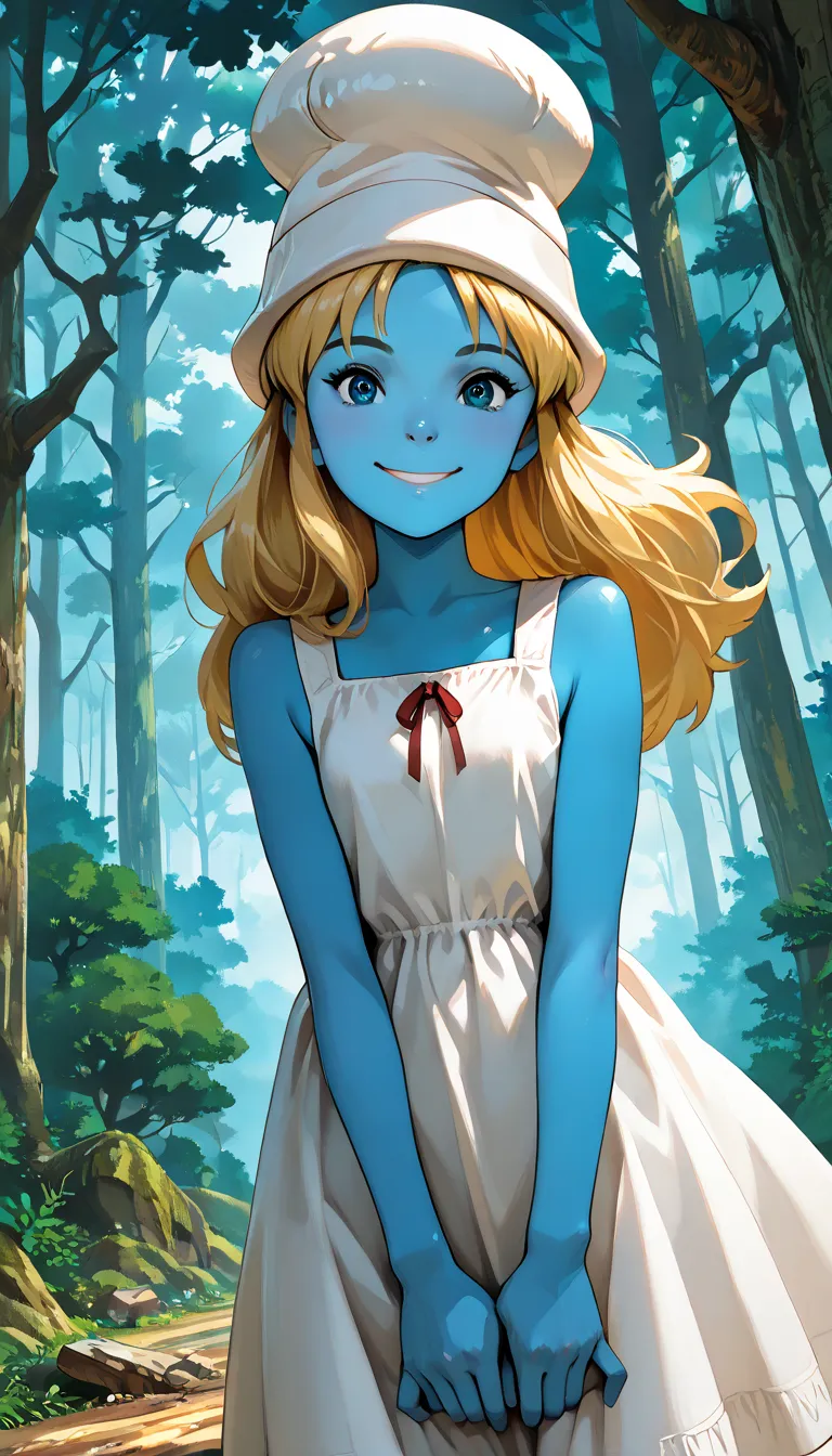 (1girl, SmurfetteXLP), (extremely detailed CG unit 8k wallpaper),(master part), (best quality), (ultra detail), (best illustration),(ghibli_style), cowboy shot, dutch angle, close up, standing, facing viewer, looking at viewer, perfect face, perfect eyes, ...