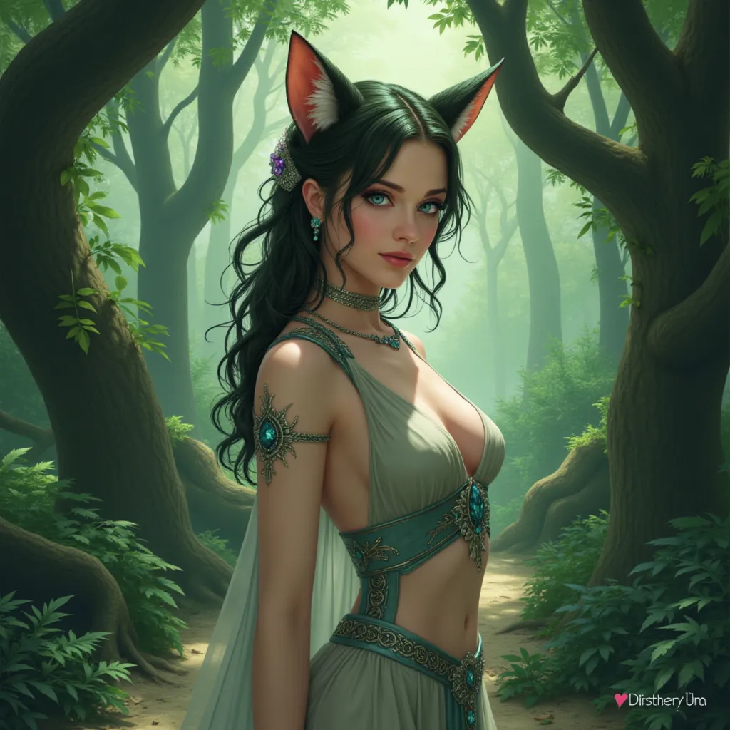 Young maiden Evan Rachel Wood, she has cat ears, wears a deepcut dress with celtic style jewelry, at background an irish forest, Anime Style