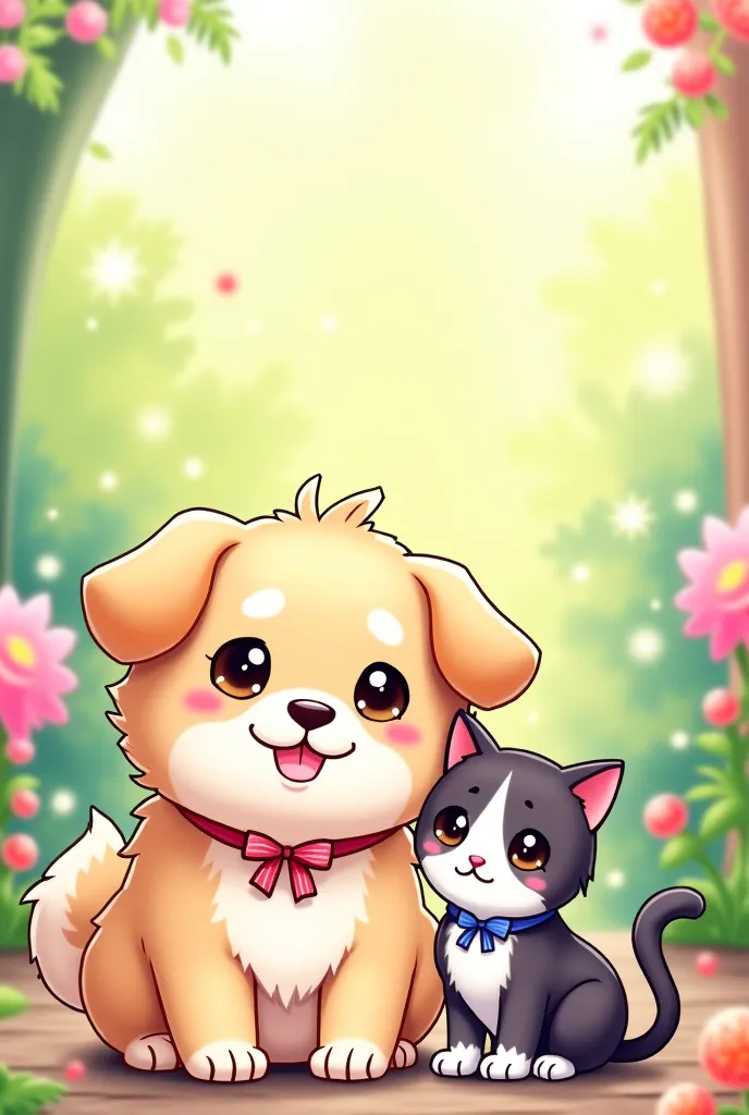 Add a Kawaii dog and cat to these images 