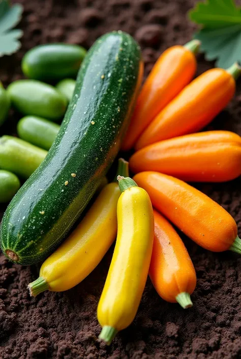 Create a realistic image of cucumber seeds, bean, pumpkin and yellow watermelon on a background of fertile soil. Organize the seeds in a circular pattern. It includes the motto "The seeds of the future"  and the phrase "By Your Trusted Farmer"  in large an...