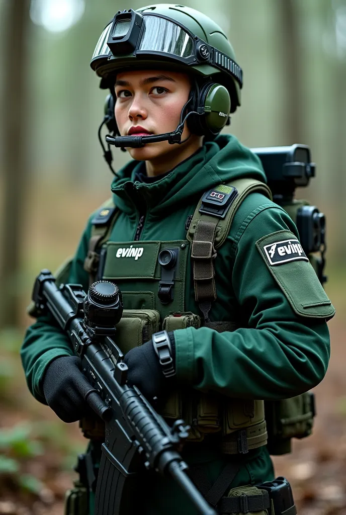 Create a character that includes a green uniform, a jacket with an EVINGP brand., a safety helmet, a communication team.