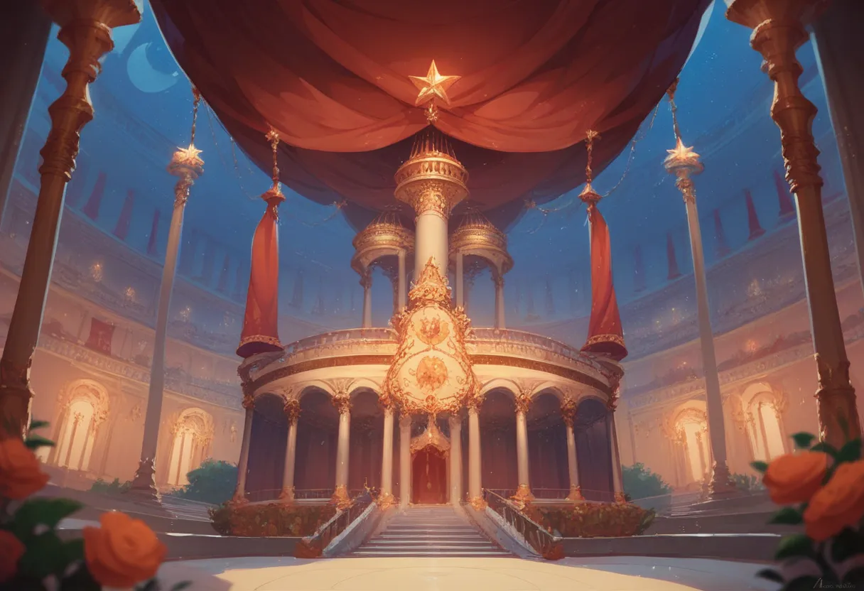 royal hall interior of a fortress in the background features golden columns and red velvet curtains, complementing the atmosphere of royalty and power. night, dark