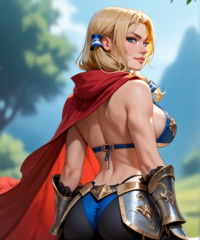 masterpiece, best quality, 1girl, solo, absurdres, large breasts, Persephonedg, gorget, bikini armor, pauldrons, cape, armored boots, blonde hair, blue eyes,  hair tubes, from behind , sexy pose, long sexy hair,  confident smirk, fetish model, blurry backg...