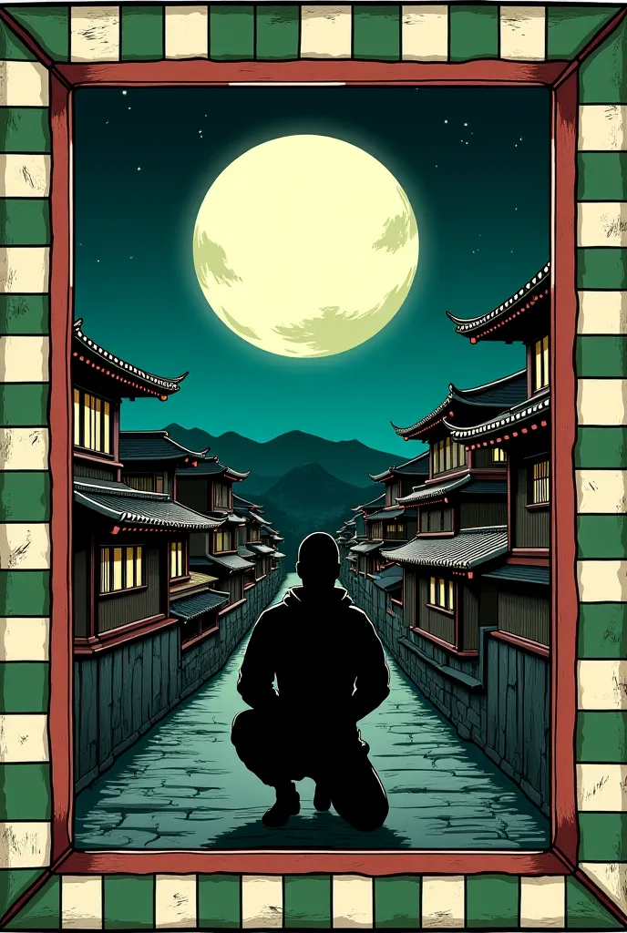 "I want the picture frame to have a checkerboard pattern in green and white. Inside the frame, there should be a **cartoon-style vintage depiction of old Osaka at night**, with its traditional houses and a clear moon in the sky. A ninja, dressed in black, ...