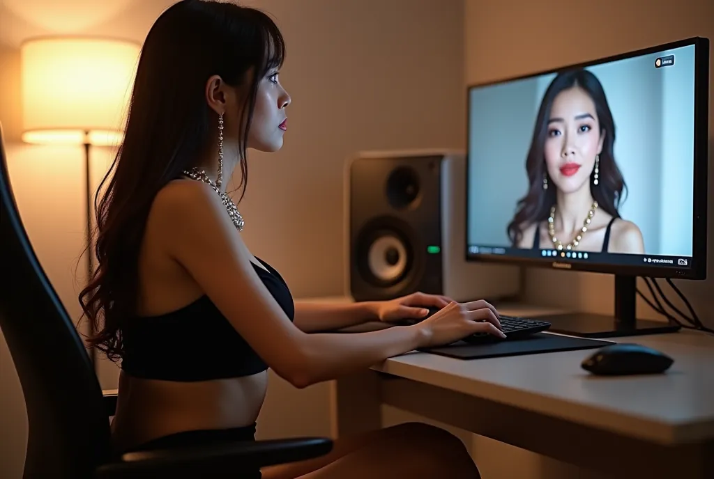 8k, image corporelle entière。 au centre montre un studio de camgirl rempli de beacoup de filles chinoise mignonne de 25 ans et belle et sexy portant des talons hauts en train de streamer en direct sur un ordinateur portable.Fille légèrement de côté,image c...