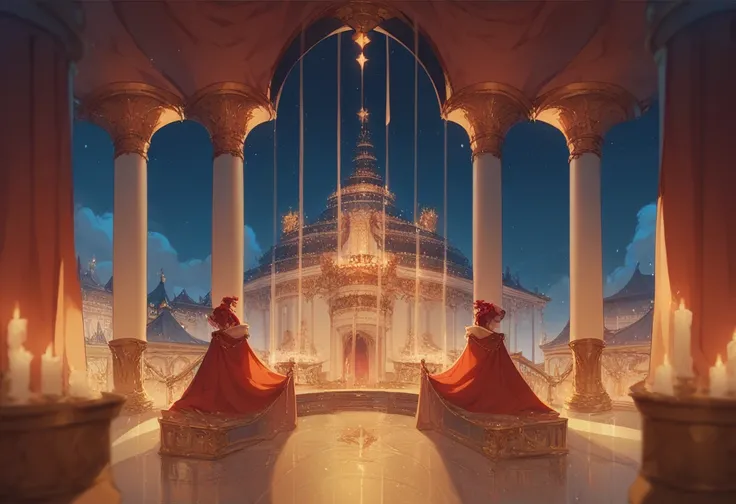 royal hall interior of a fortress in the background features golden columns and red velvet curtains, complementing the atmosphere of royalty and power. night, dark