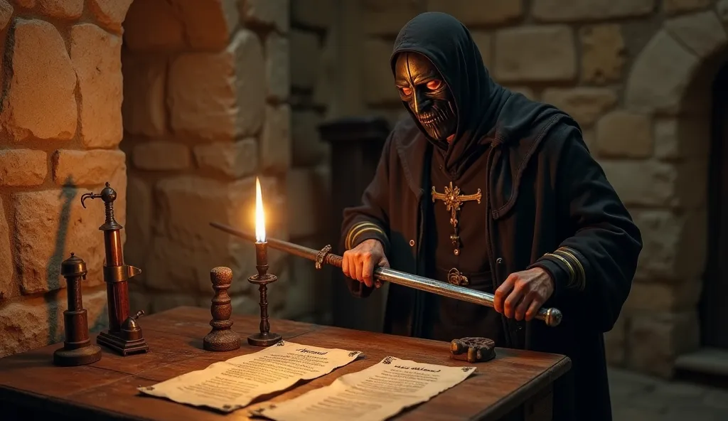 "A medieval executioner in his mask sharpens the blade of a big sword by the light of a torch. His eyes are focused. There are stone walls in the room, execution tools, old wooden table, on which parchments with the names of the condemned lie."