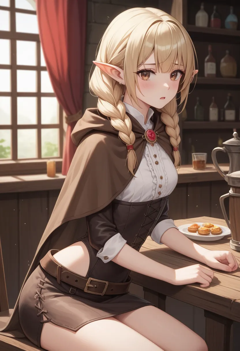 In the dark corner of a tavern, sitting at a table, a beautifull shy blonde elf woman wearing a brown cloak and simple leather clothes in a dungeon and dragon settings. She is tall, slim and delicate, she have radiant brown eyes, a thin waist, two small ro...