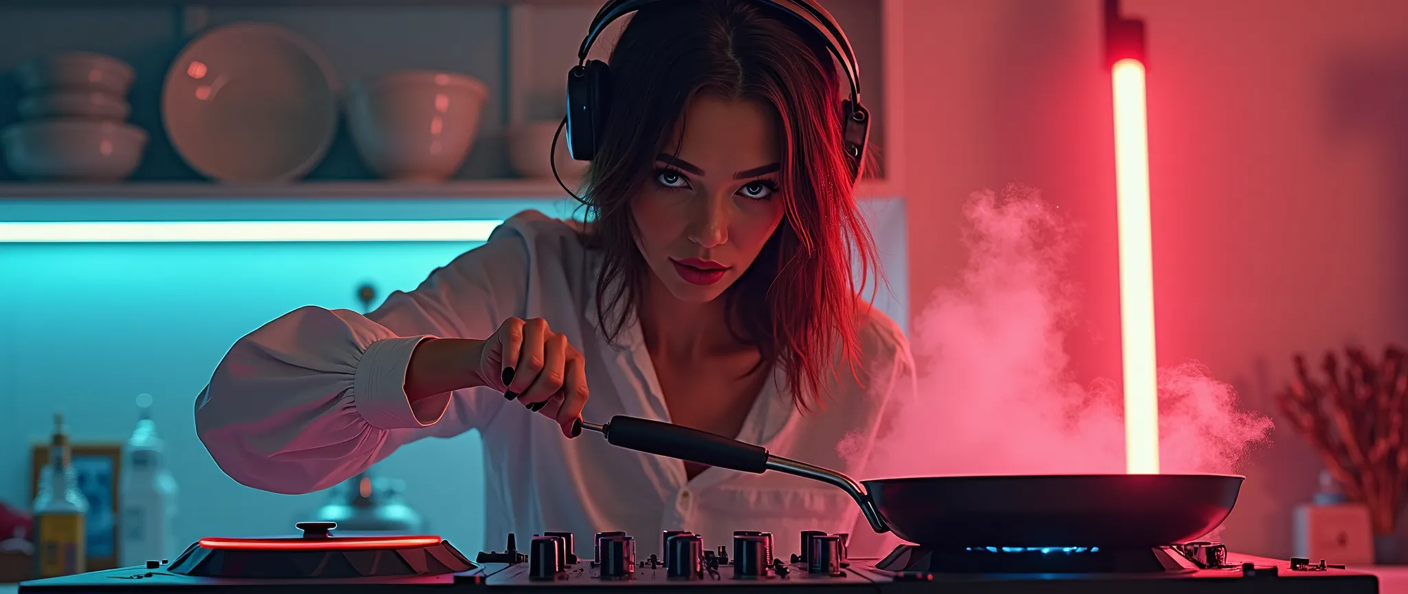 a female DJ performing cooking gestures with a frying pan on DJ decks on a stove, beautiful detailed eyes, beautiful detailed lips, extremely detailed eyes and face, long eyelashes, painting, oil painting, 8k, high quality, hyperrealistic, intricate detail...