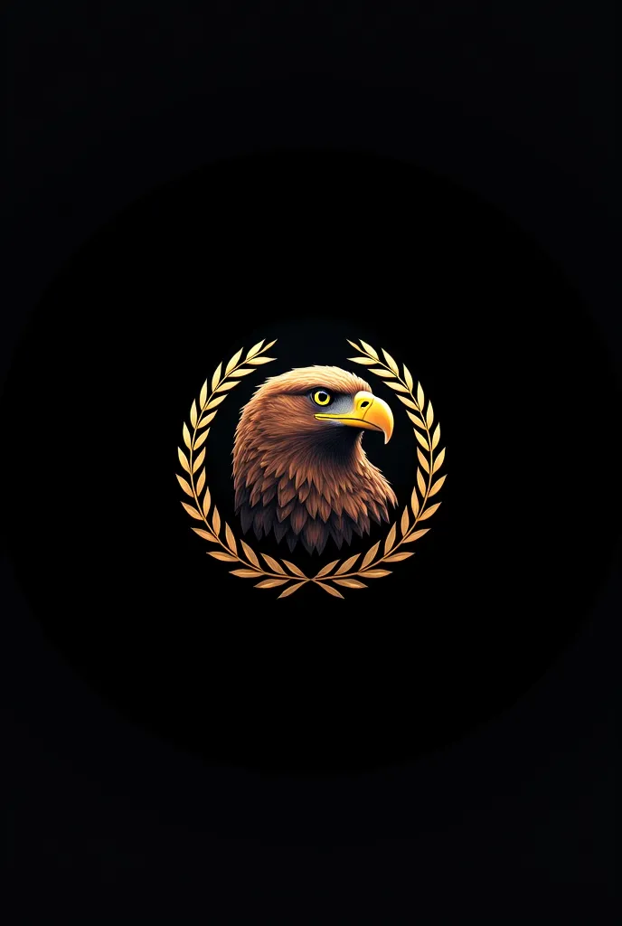 Round logo " فخم جدا نسر ذهبي  في وسط Round logo أسود، مع كتابة عام "Kamalsoft " In bold gold letters at the top. A realistic eagle face, with a fierce expression. surrounds the eagle of the laurel wreath made of gold leaves, symbolizing victory and power....