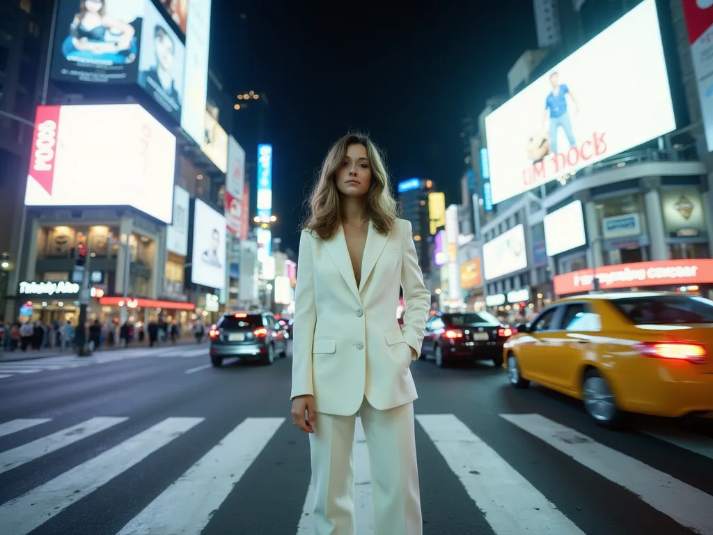 Kasia Sienkiewicz A woman in a white pantsuit stands at a crosswalk in the city center, her figure illuminated by the bright lights of billboards. Her gaze is directed directly at the camera, with a stream of cars moving around her. The lighting is chaotic...