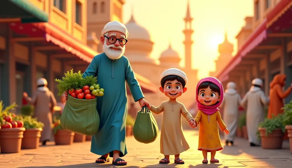 Animted warm and vibrant Middle Eastern market scene during late afternoon, where an elderly man with a white beard, glasses, and a traditional blue thobe is walking with his two grandchildren. He wears a white kufi cap and carries two grocery bags filled ...