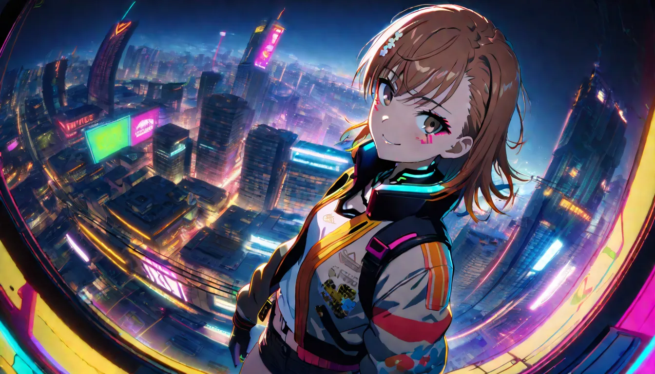 ((1 cyberpunk girl, misaka mikoto, wearing colorful Harajuku style pop outfit)), (fisheye lens), cowboy shot, wind, messy hair, ((cyberpunk 2077 cityscape)), (cyberpunk aesthetics and atmosphere:1.3), bright colors, smiling, ((cinematic lighting))