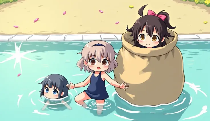 anime style, Japanese animation, clean lineart, soft cel-shading,touhou project, [left: Reimu Hakurei in navy school swimsuit with annoyed expression], [center: Yukari Yakumo wearing same swimsuit carrying giant bulging burlap sack on left shoulder], Yukar...